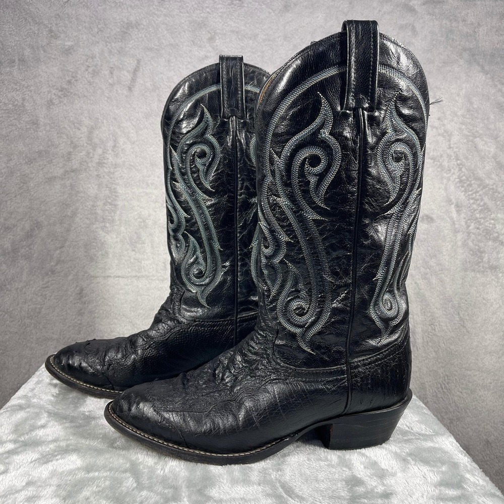 Tony Lama Ostrich Leg Cowboy Boots Mens 8D Black Exotic Leather Vintage Western
